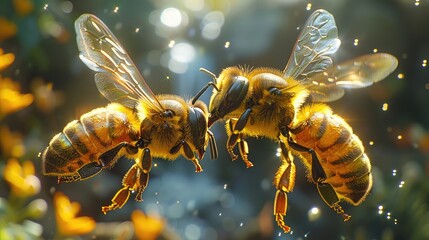 Bee engaging in a delicate dance with a fellow pollinator, their synchronized movements ensuring the cross-pollination of nearby flowers. - obrazy, fototapety, plakaty
