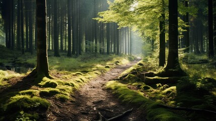 Obraz premium enchanting forest scene with sunlight streaming through the trees, casting dappled shadows on the forest floor. 