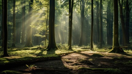 enchanting forest scene with sunlight streaming through the trees, casting dappled shadows on the forest floor