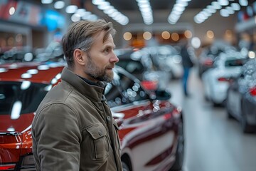 Customer Contemplating Car Choices at Showroom. Concept Car Showroom, Car Options, Customer Decision-making, Salesperson Assistance