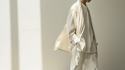 Unrecognized model wearing white natural clothes. Simplicity in fashion concept