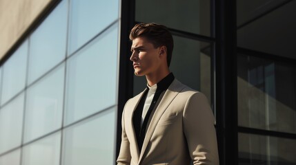Fototapeta premium Handsome male model in elegance suit walking on the street