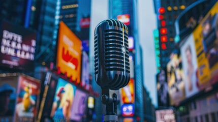 a podcast logo or branding displayed prominently on a billboard or digital screen in a bustling...