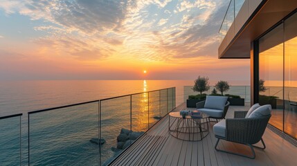 Sunset viewing from upper level of empty luxury villa. - obrazy, fototapety, plakaty