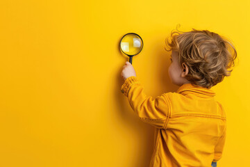 A child holding up magnifying glass against yellow background, symbolizing curiosity and exploration
