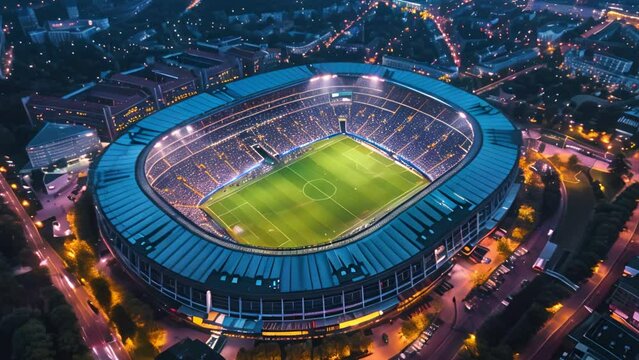 Aerial view on soccer stadium in evening time, Football arena with championship