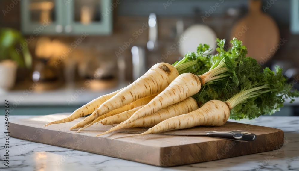 Wall mural A selection of fresh vegetable: parsnip, sitting on a chopping board against blurred kitchen background; copy space