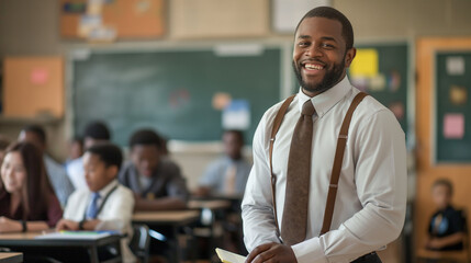 A man in a white shirt and brown tie stands in front of a classroom full of students Scene is...