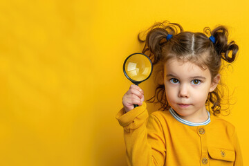 A child holding up magnifying glass against yellow background, symbolizing curiosity and exploration