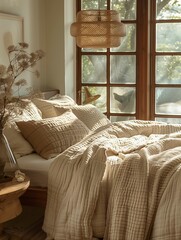 Cozy Bedroom Interior with Natural Light and Textured Bedding