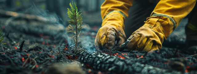 Person in protective gloves planting a tree in burnt forest soil.