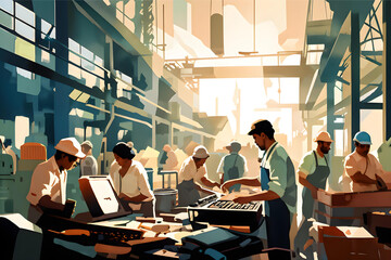 International Labor Day celebration captured in lofi illustration style, featuring workers and a clean and modern factory setting, digital painting © Budi