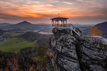Jetrichovice, Czech Republic - Aerial view of Mariina Vyhlidka (Mary's view) lookout with a...