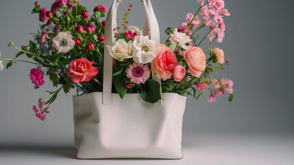 Elegant floral arrangement in a white tote bag on a neutral backdrop.