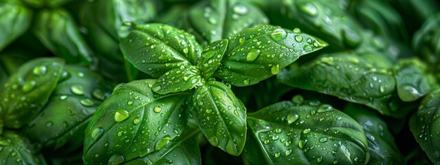 Lush green basil leaves with fresh water droplets, close-up.