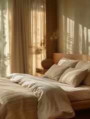 Cozy Bedroom Interior with Warm Sunlight and Earth-Tone Linens