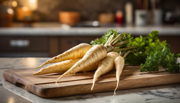 A selection of fresh vegetable: parsnip, sitting on a chopping board against blurred kitchen background; copy space