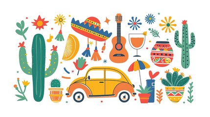Fototapeta premium Cinco de mayo holiday illustration with a sombrero, maracas and a tequila bottle as a flat vector design. Mexican fiesta party background with a cactus, guitar and music notes elements