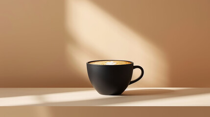 A black coffee mug on a table with warm light creating soft shadows.