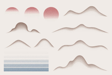 Grainy gradient mountains sun and sea vector set of elements. Dotted spray halftone effect with dust texture. Grunge moon and dissolve fade landscape. Retro Japanese design