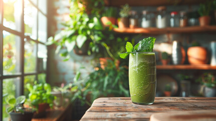 Green smoothie in glass with mint garnish in a sunlit plant-filled room.