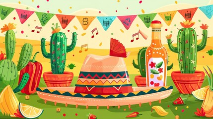 Obraz premium Cinco de mayo holiday illustration with a sombrero, maracas and a tequila bottle as a flat vector design. Mexican fiesta party background with a cactus, guitar and music notes elements