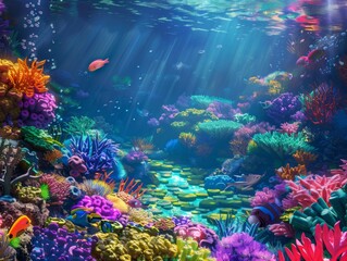 Fototapeta na wymiar Ocean Enchantment: Sunlit Coral Kingdom and its Inhabitants