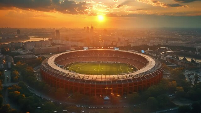 Aerial view on soccer stadium in evening time, Football arena with championship.