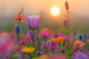background wallpaper landscape of Beautiful tulip flowers in the field with a sunset