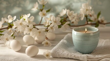 Fototapeta na wymiar Zen and pastels a soothing collection of spa items mingled with Easter dcor
