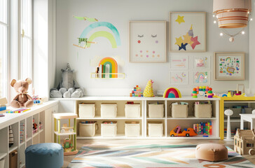 a child's playroom with pastel colored furniture and wall art, featuring white shelves for toys and bookshelves, wooden boxes on the floor, bright colors like yellow or blue, geometric shapes