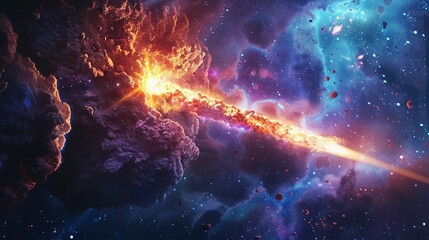 Naklejka premium Space abstract background, burning comet, flash, laser through the stone, bright colors