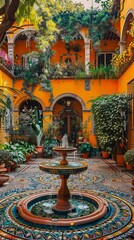A courtyard in Mexico City with colorful tiles and fountains, surrounded by arches and plants. Cinco de Mayo celebration idea. 