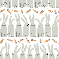 Seamless pattern with hares and carrots in a row. Vector flat gray rabbit with food. Funny bunny on white background. Pet print. Hand drawn illustration. Striped wallpaper with animals and vegetables