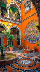 Fototapeta na wymiar A courtyard in Mexico City with colorful tiles and fountains, surrounded by arches and plants. Cinco de Mayo celebration idea. 