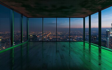 Studio room with green screen on an upper floor with a city background