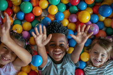 Photo of children playing in ball pit at indoor playground, top view, three kids laying on the ground with their hands up reaching for camera