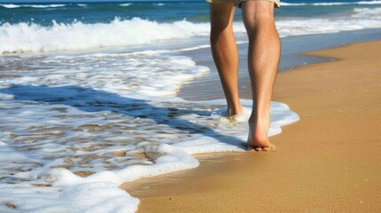 Barefoot individual walking along a serene beach, with waves gently lapping at the sandy shore.
