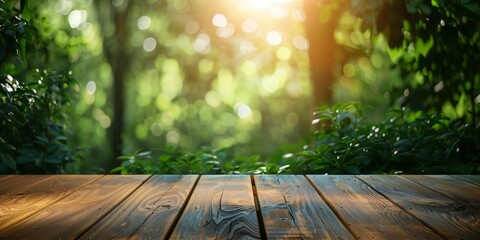 Empty wooden table with a defocused sunny forest background, ideal for product display.