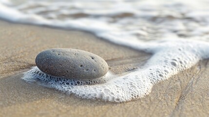 Fototapeta na wymiar Pebble on sand, macro, close-up, high-angle, simplicity by the sea, soft waves 