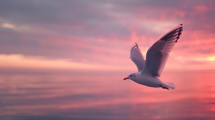 Fototapeta premium Single seagull, vast sky, close-up, eye-level, essence of freedom, dawn's first light