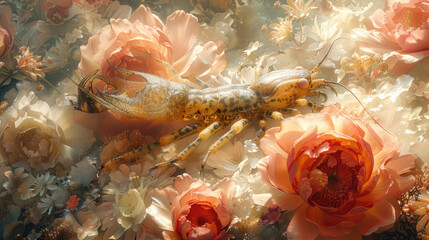 Centipede camouflaged among the fallen petals of a blooming flower. - obrazy, fototapety, plakaty