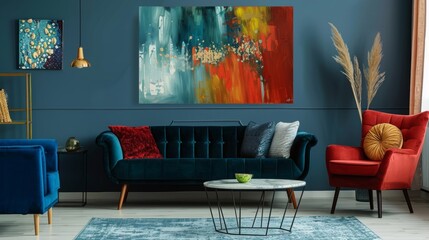 Stylish interior design featuring a velvet sofa, bold color accents, and modern art.