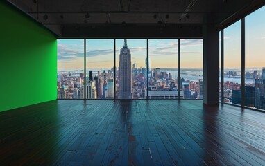 Studio room with green screen on an upper floor with a city background