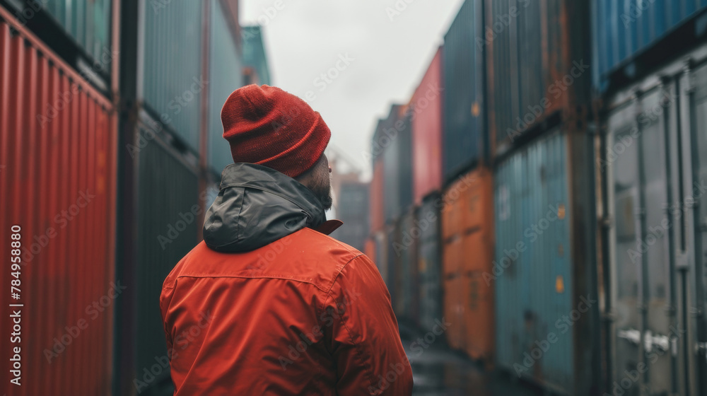 Poster rear view of a man wearing a red beanie standing between rows of colorful shipping containers in an 