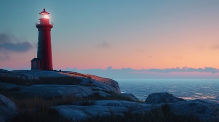 Distant lighthouse, clear sky, close-up, ground-level camera, guiding solitude, dusk's embrace - obrazy, fototapety, plakaty