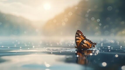 A delicate butterfly perched elegantly on a calm water surface during sunrise.