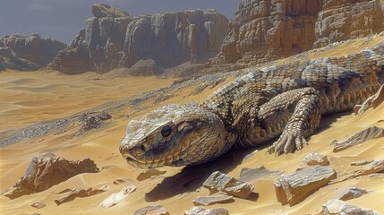 A prehistoric lizard that walks in the desert majestically. - obrazy, fototapety, plakaty