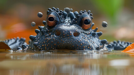 Strange amphibious creatures peek at the surface of the river. - obrazy, fototapety, plakaty