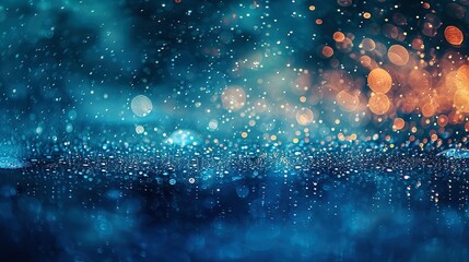 Raindrops on ocean surface, close-up, straight-on angle, shimmering bokeh, peaceful storm